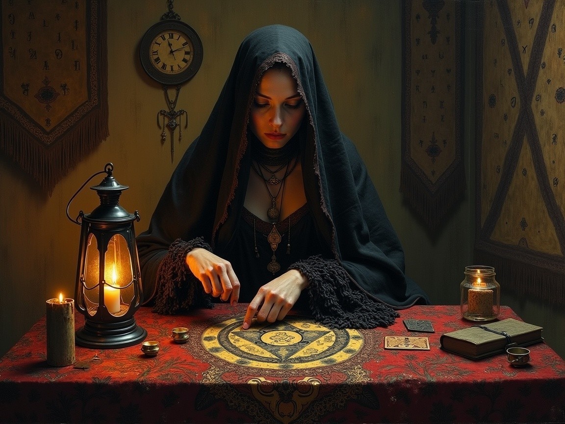 Mysterious Woman at Enchanted Divination Table