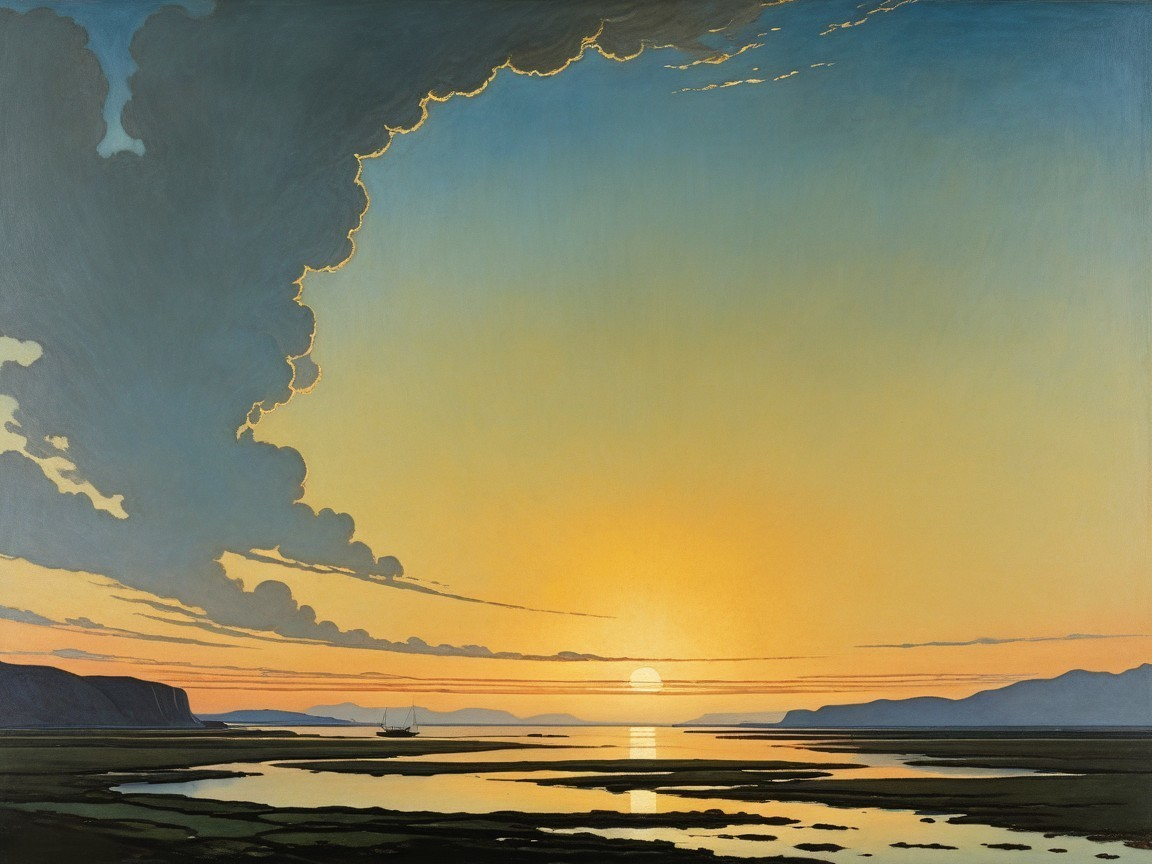 Serene Sunset Over Calm Water and Distant Mountains