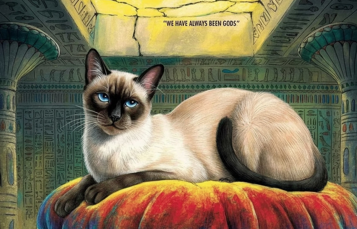 Siamese Cat on Cushion with Egyptian Hieroglyphics