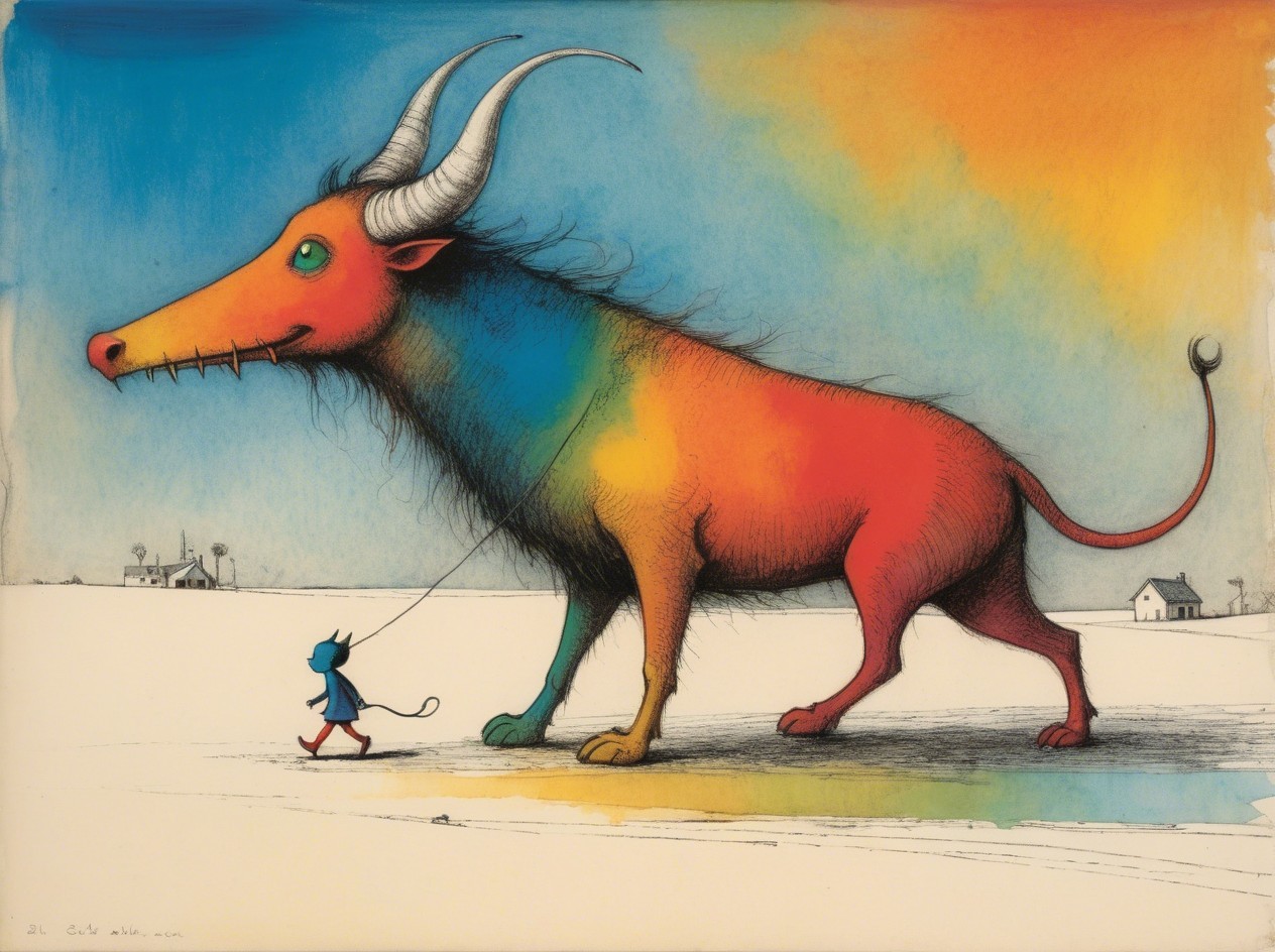 Whimsical Landscape with Colorful Creature and Figure