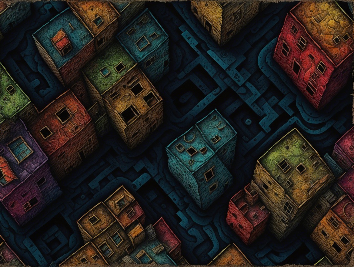 Aerial View of Colorful Abstract Houses on Dark Background