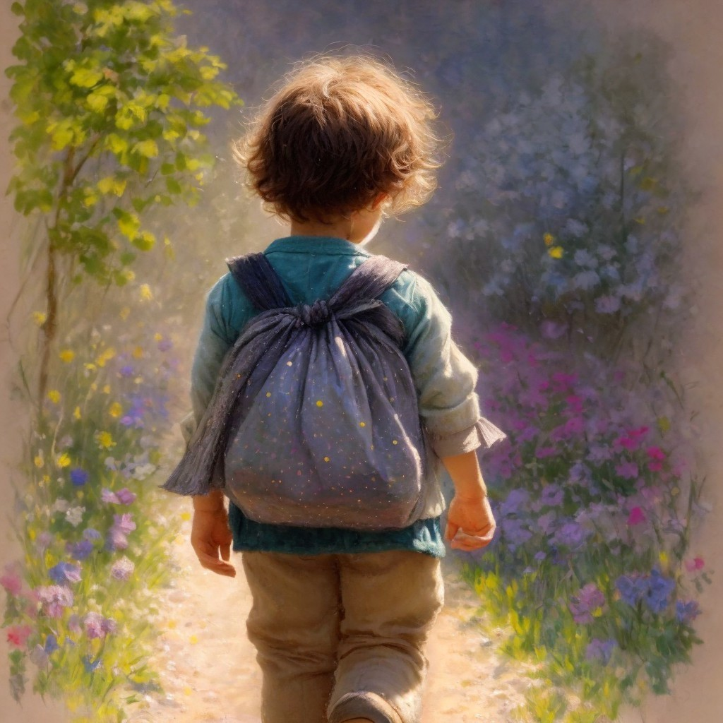 Child Walking on Sunlit Path Surrounded by Wildflowers
