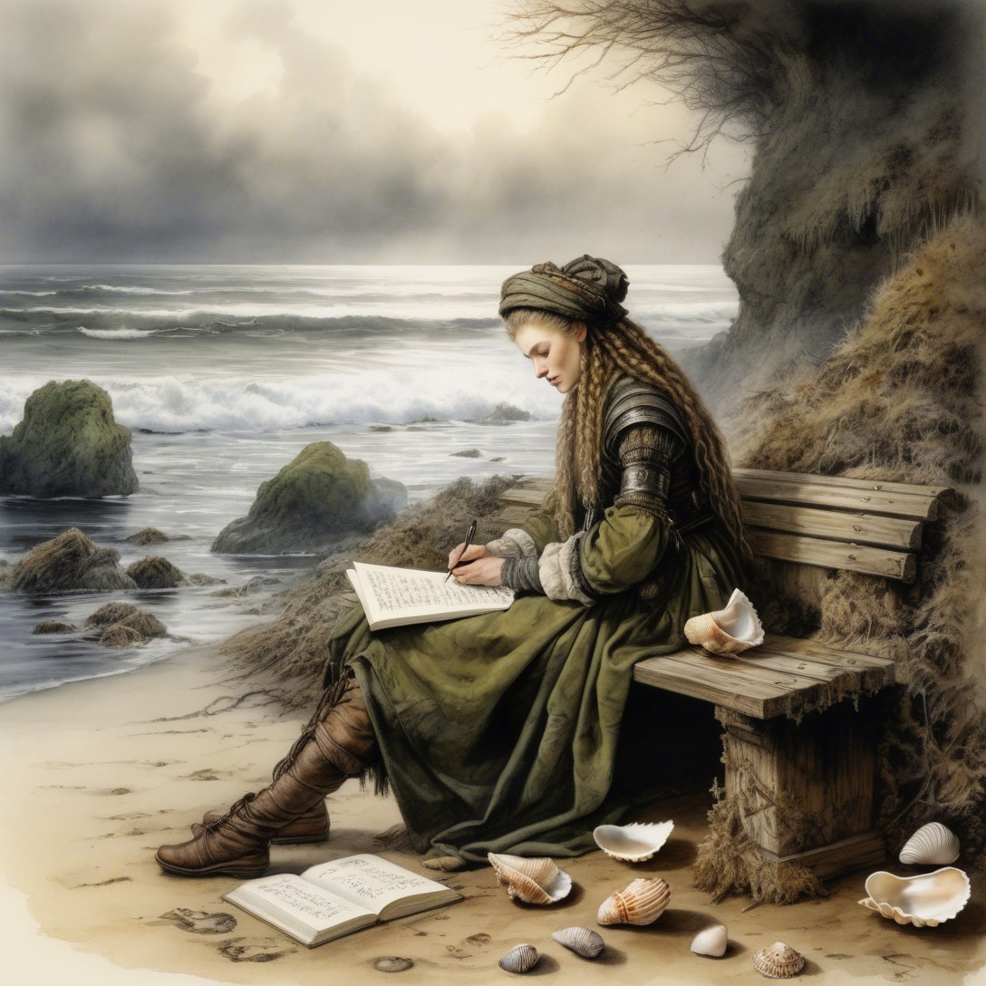 Woman in historical gown writing by the shore