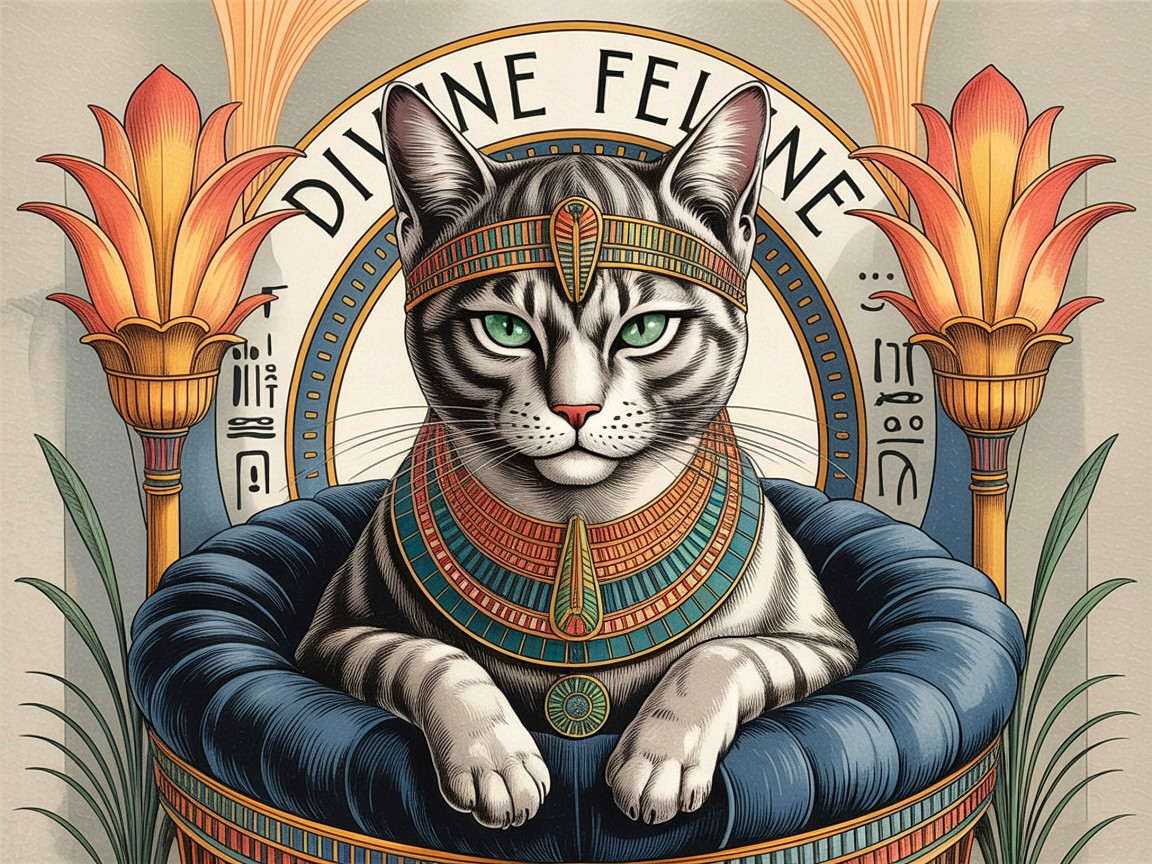 Regal Cat with Egyptian Ornaments and Green Eyes
