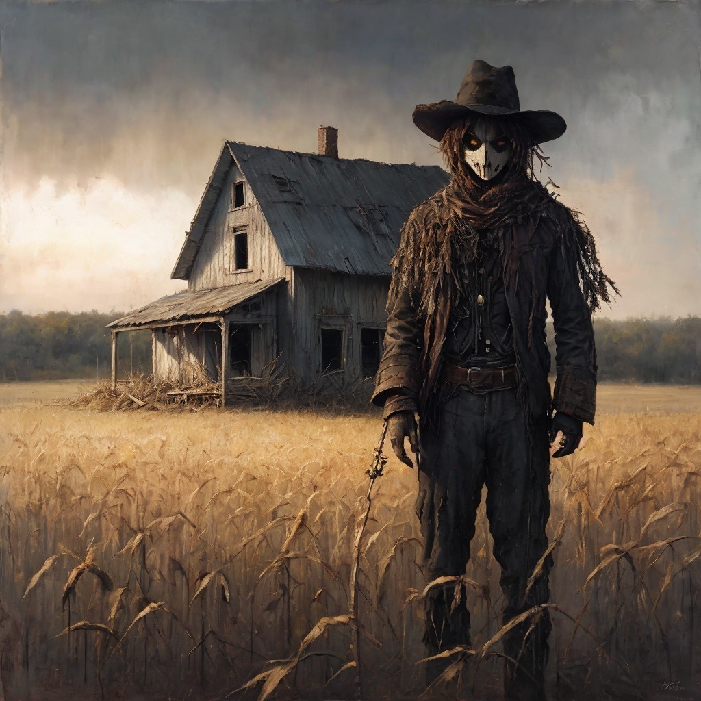 Eerie Scarecrow in Desolate Cornfield Landscape