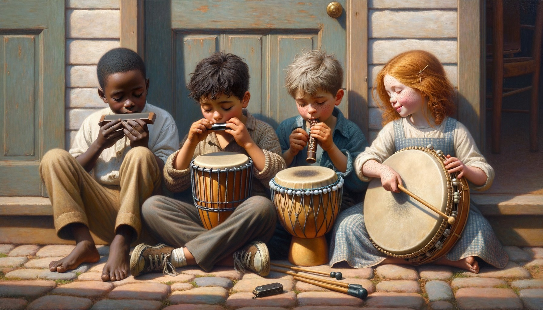 Children Making Music Together on Cobblestone Steps