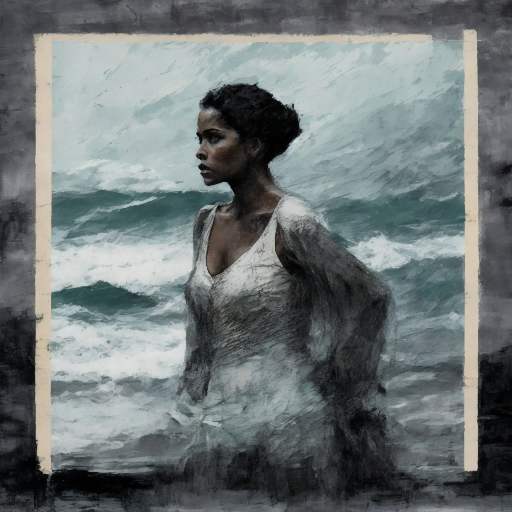 Woman in white garment by turbulent stormy sea