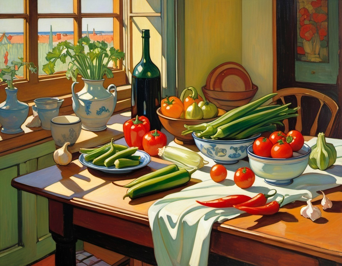 Sunlit Kitchen Table with Fresh Vegetables and Wine