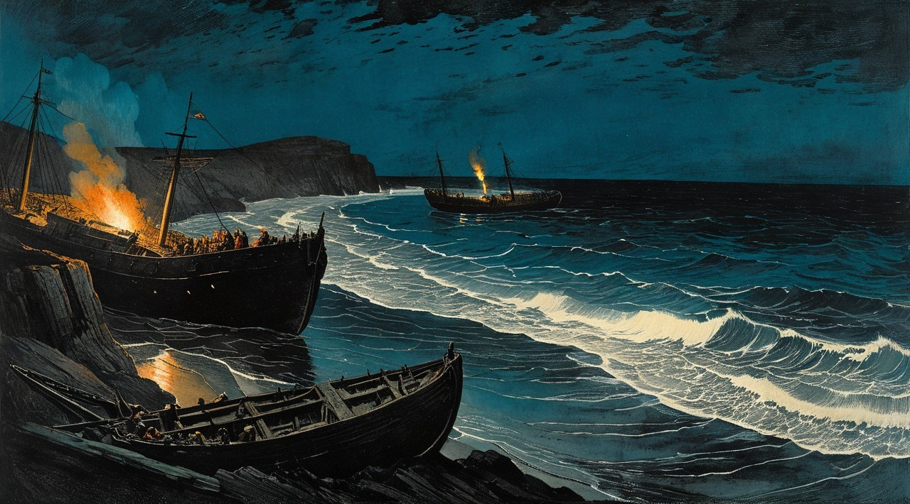 Dramatic Night Coastal Landscape with Anchored Ships