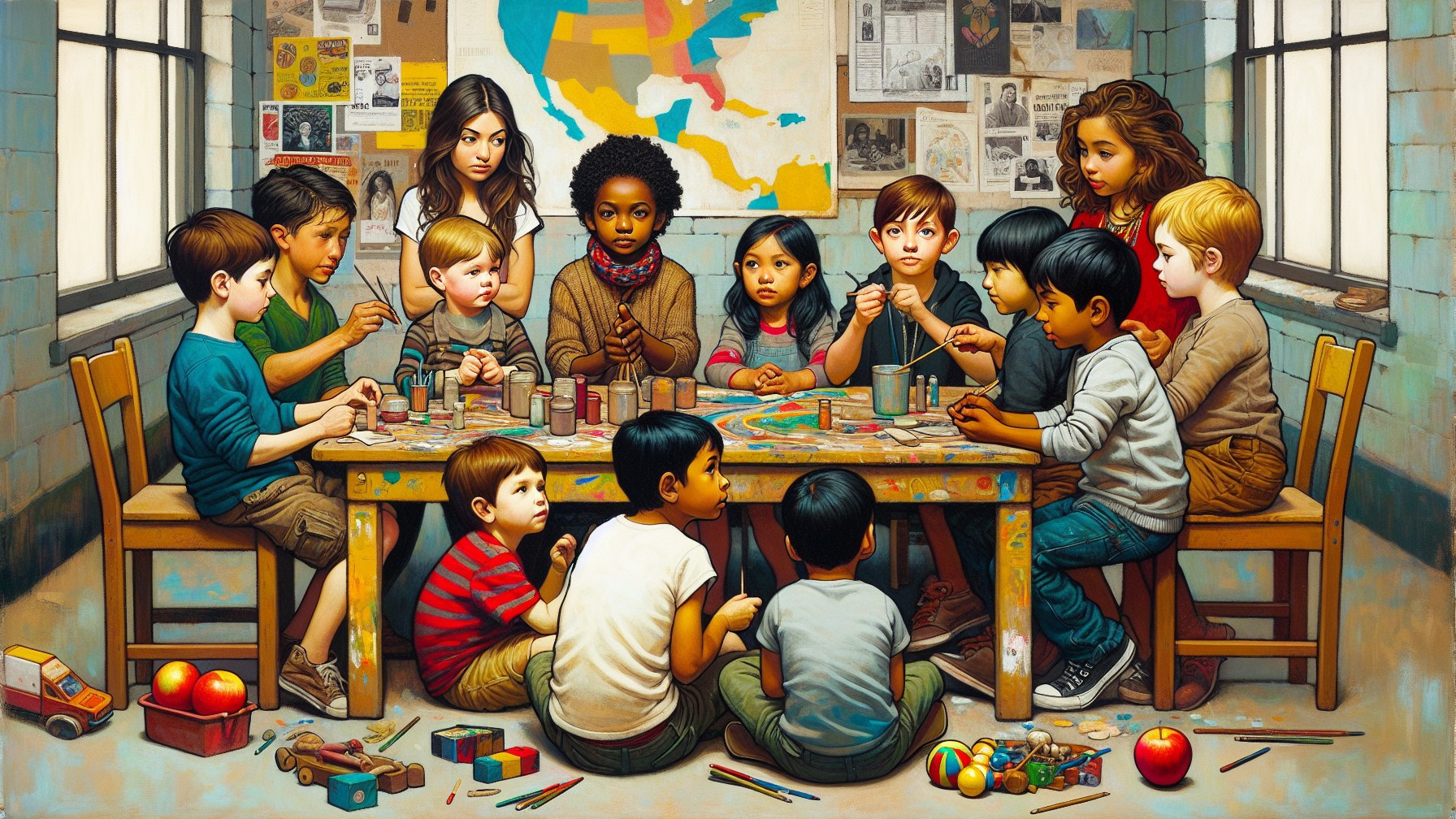 Children Engaged in Art Project in Colorful Classroom