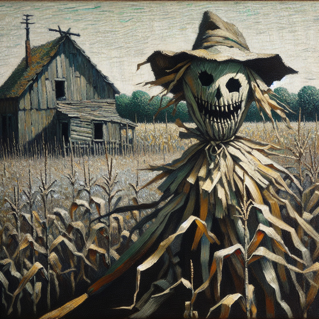 Haunting Scarecrow in Eerie Cornfield Scene