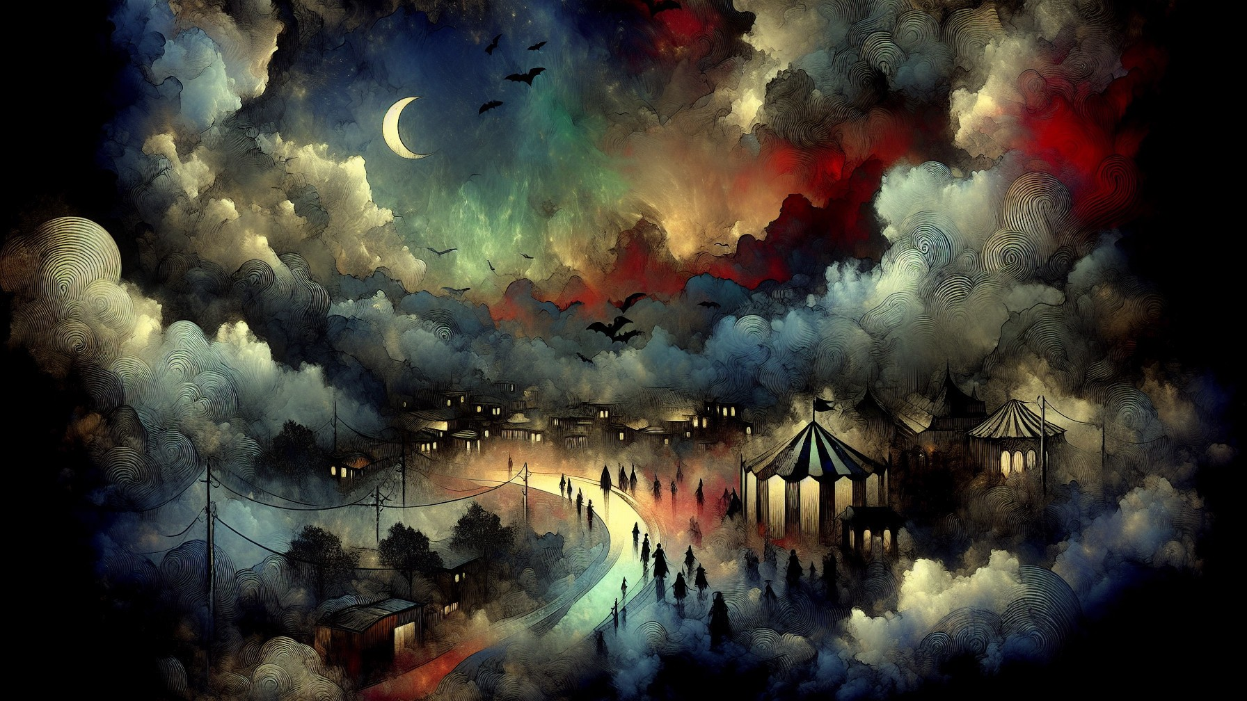 Mystical Night Scene with Swirling Clouds and Tent
