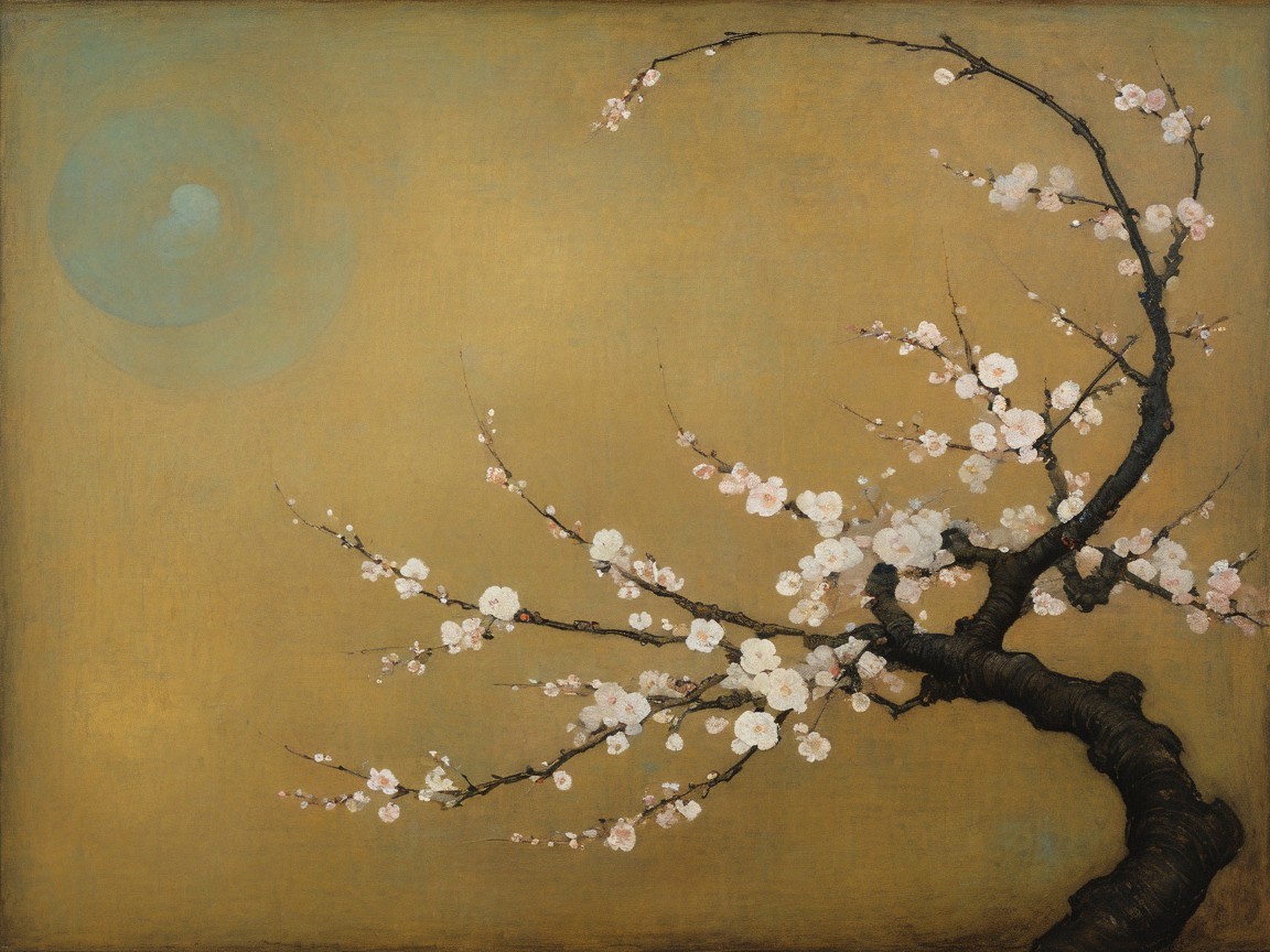 Delicate tree branch with pink blossoms on gold背景