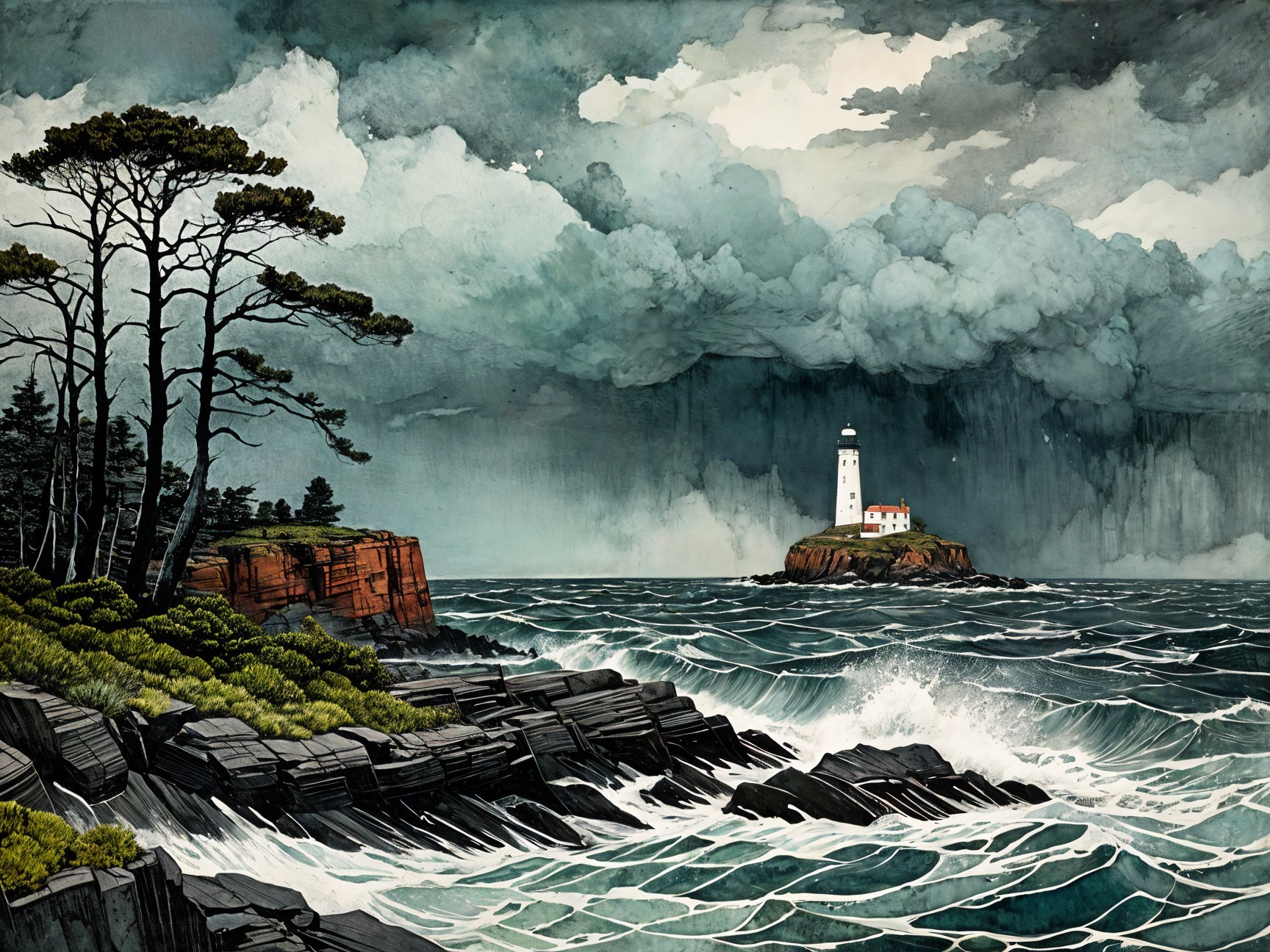 Dramatic Coastal Scene with Lighthouse and Turbulent Sky