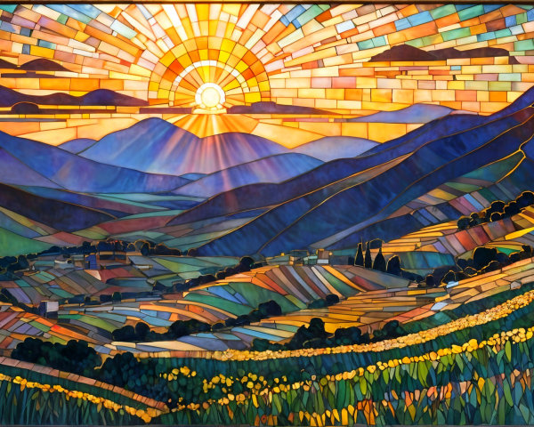 Vibrant Stained Glass Artwork of Sunrise and Mountains