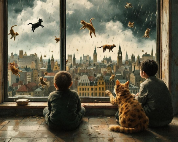 Boys Watching Cats Fall from Sky in Stormy City