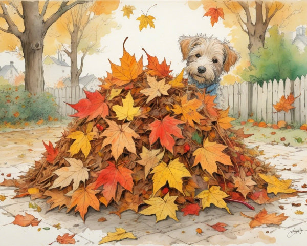 Playful Dog Among Colorful Autumn Leaves Scene
