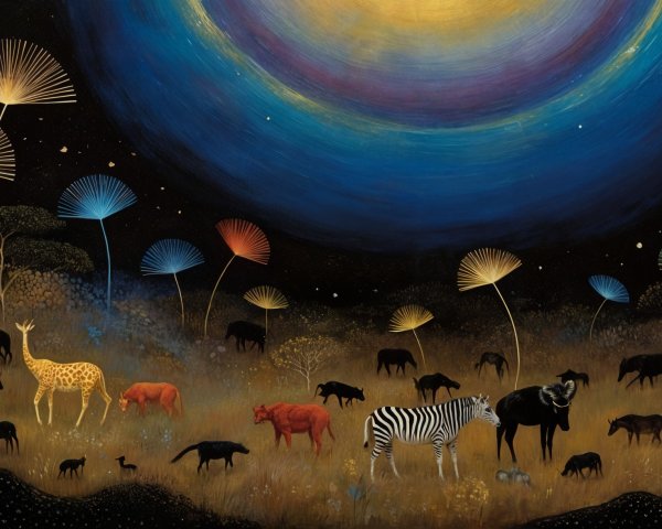 Surreal Landscape with Animals and Whimsical Plants