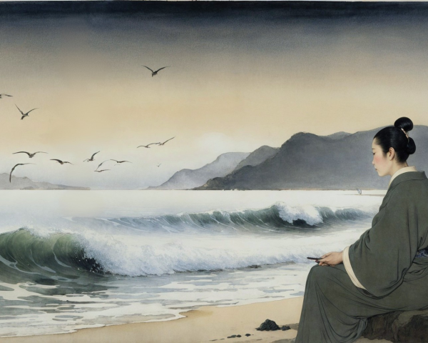Japanese Ink Brush Painting of Woman by the Sea