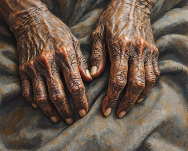 Close-Up of Aged Hands on Textured Fabric