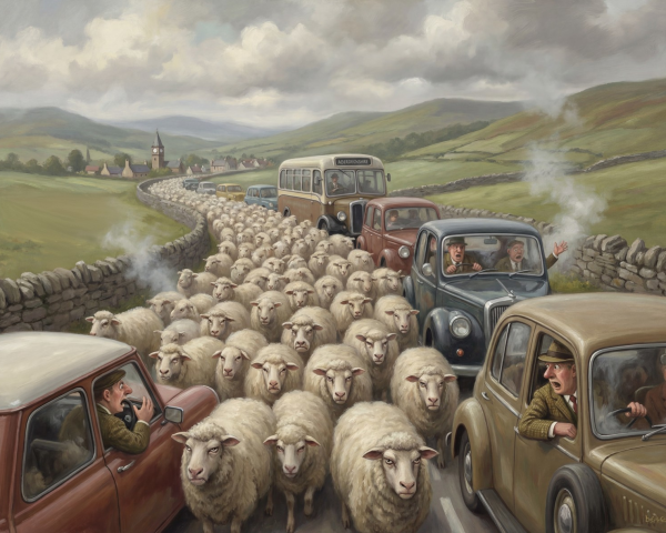 Oil Painting of Sheep Causing Traffic Jam on Country Road