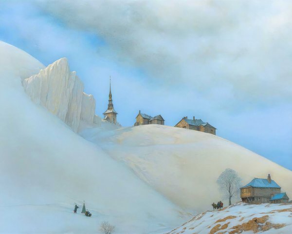 Snow-Covered Mountain Landscape with Village Scene