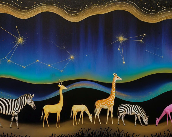 Whimsical Animals Under a Starry Night Sky