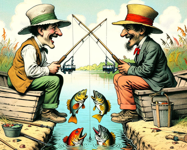 Cheerful fishermen at a serene lake with fish jumping