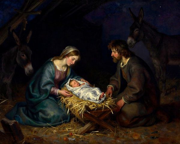 Nativity Scene in Oil Painting with Holy Family Details