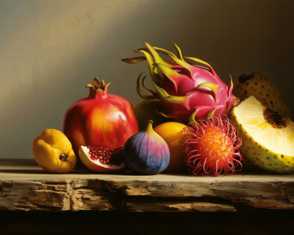 Exotic Fruits Still Life on Rustic Wooden Surface
