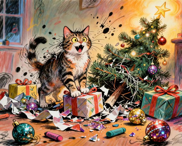 Whimsical Watercolor Illustration of a Cat and Christmas Tree
