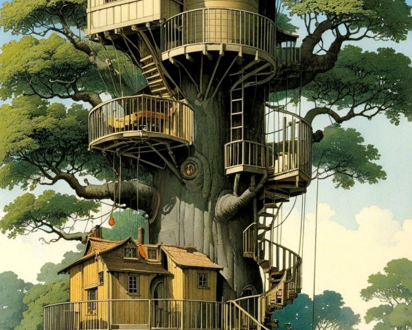 Whimsical Multi-Level Treehouse in Lush Landscape