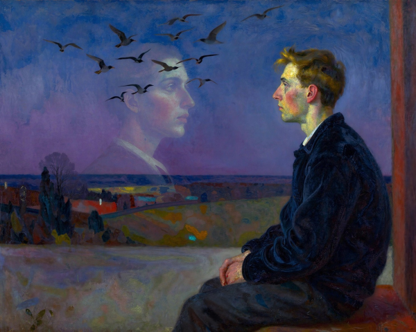 Profile Portrait with Surreal Landscape and Birds