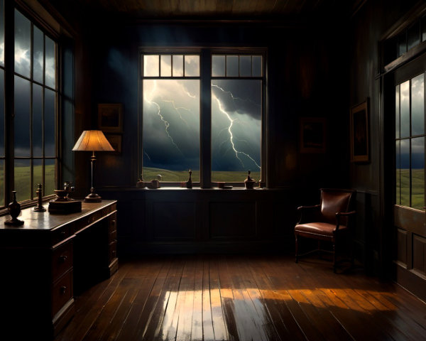 Dimly Lit Room with Desk, Chair, and Stormy Windows