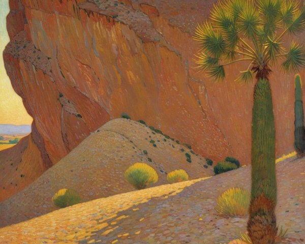 Vibrant Desert Landscape at Sunset with Cactus and Cliffs