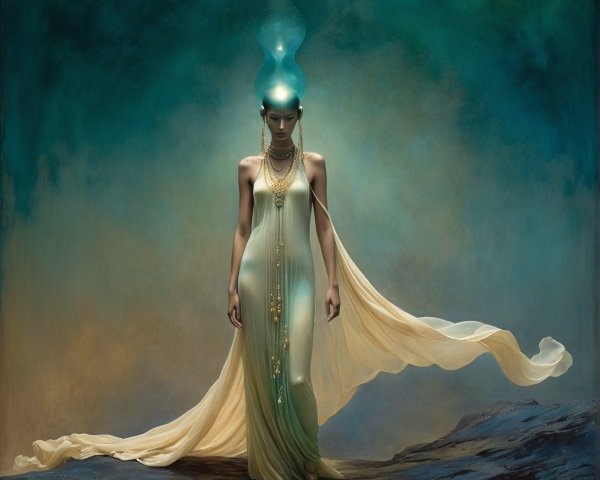 Mystical Figure in Translucent Gown with Ethereal Glow