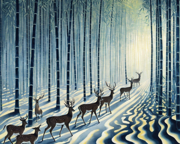 Bamboo Forest Scene with Deer and Tranquil Stream