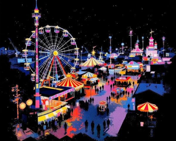 Vibrant Neon Carnival Scene with Ferris Wheel at Night