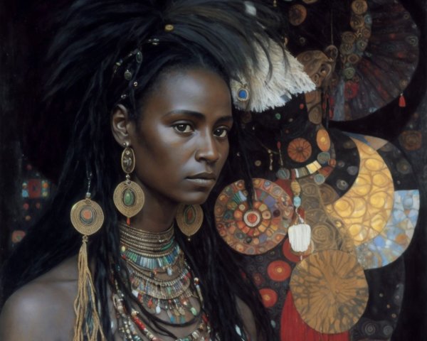 Portrait of a figure with dreadlocks and intricate patterns