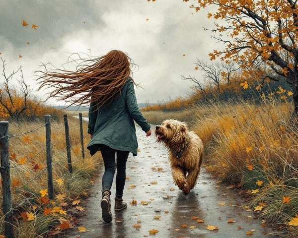Girl with Dog on Autumn Path with Overcast Skies