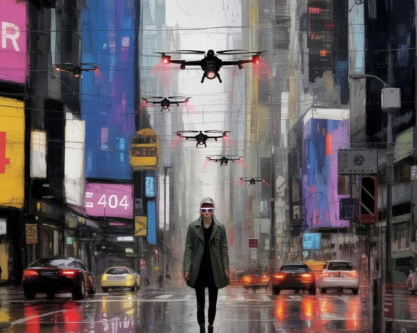 Futuristic Urban Landscape with Neon Signage and Drones
