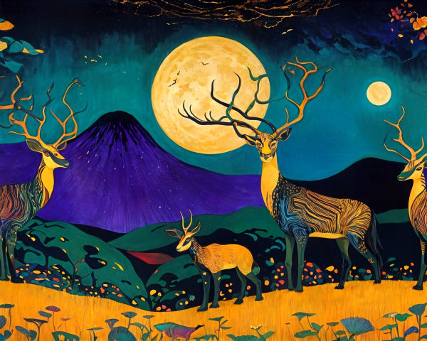 Whimsical Scene of Deer in a Colorful Landscape