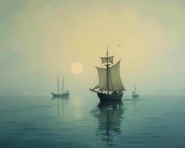 Serene Seascape at Dawn with Sailing Ships