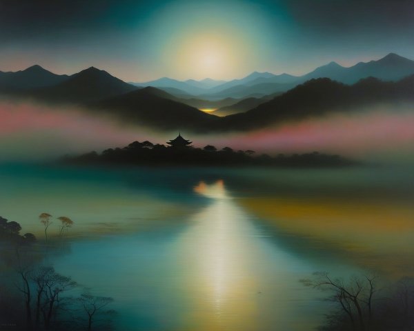 Misty Mountains and Tranquil Lake Under Moonlight