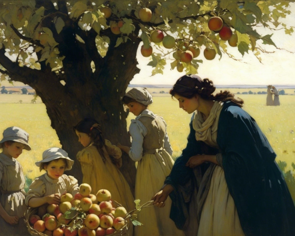 Serene Rural Apple Harvest Scene with Historical Attire