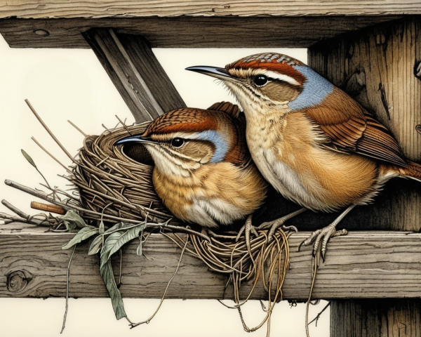 Detailed Birds by Cozy Nest in Rustic Setting