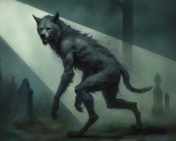 Werewolf in Foggy Graveyard Under Moonlight