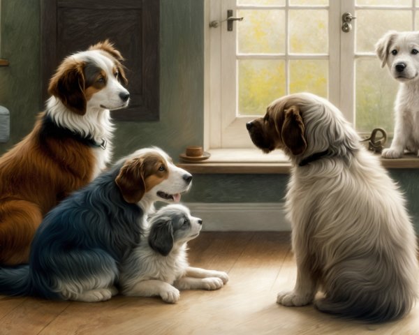 Four Dogs Interacting in a Cozy Sunlit Room