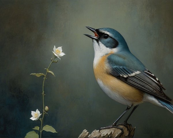 Painting of a varied tit on rough bark with flowers