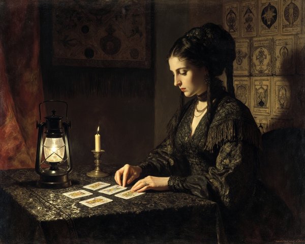 Victorian Woman Reading Tarot in Dimly Lit Room